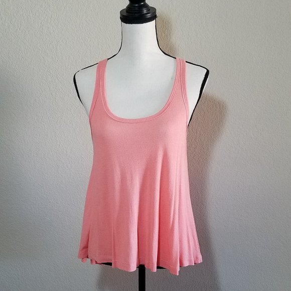 Roxy Tank Top Medium Pink Peach Coral Salmon Sleeveless Ribbed Shirt Flowy - Picture 5 of 5